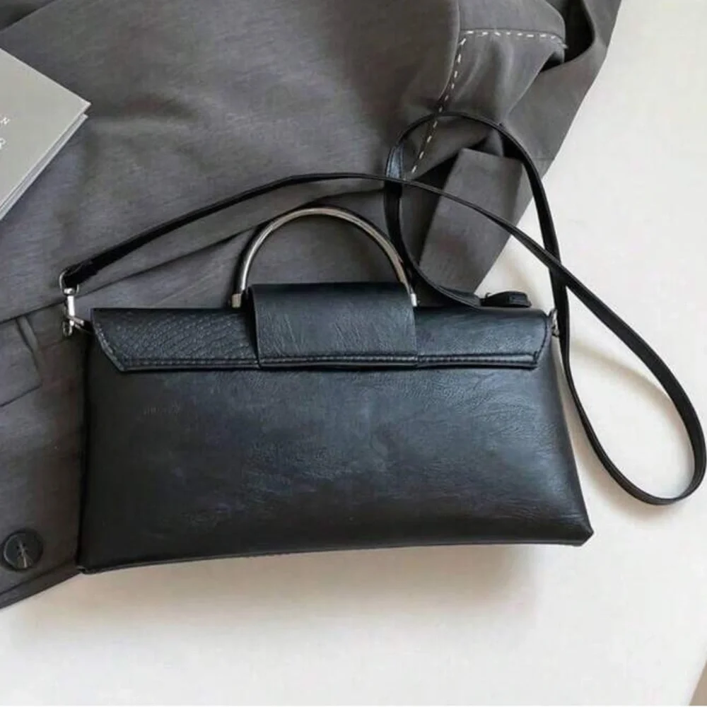 Black Textured Fold-Over Clutch Bag